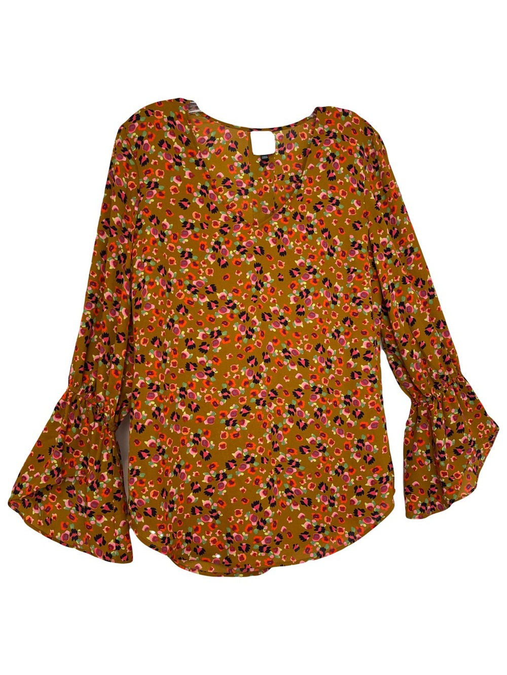 CAbi | Burnished Autumn Floral Flare Cuff V-Neck Blouse, XS